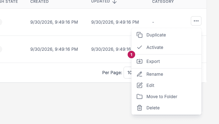 The row menu of a Smartform with a marker on Export.