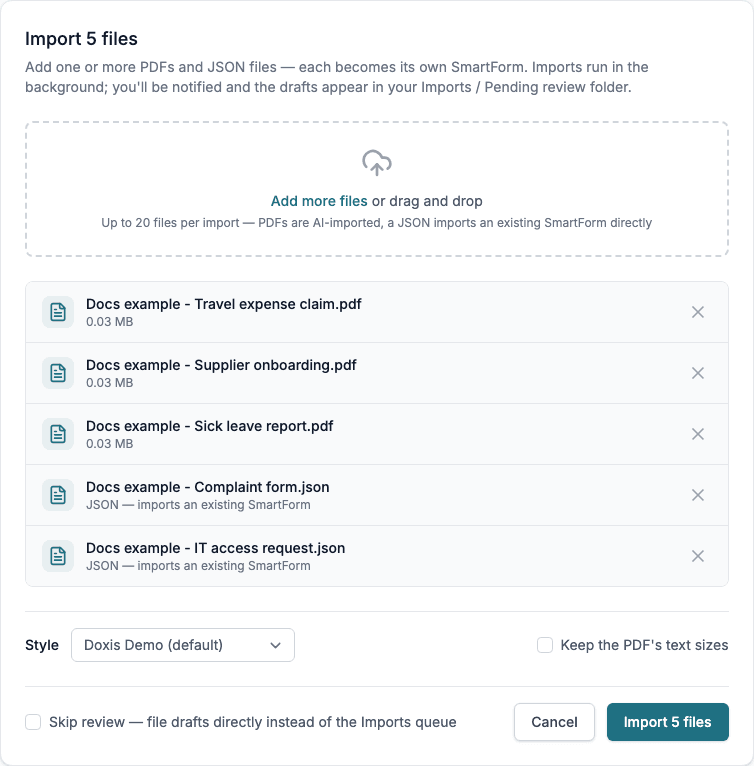 The Import Smartform page with three PDFs and two JSON files in the list.