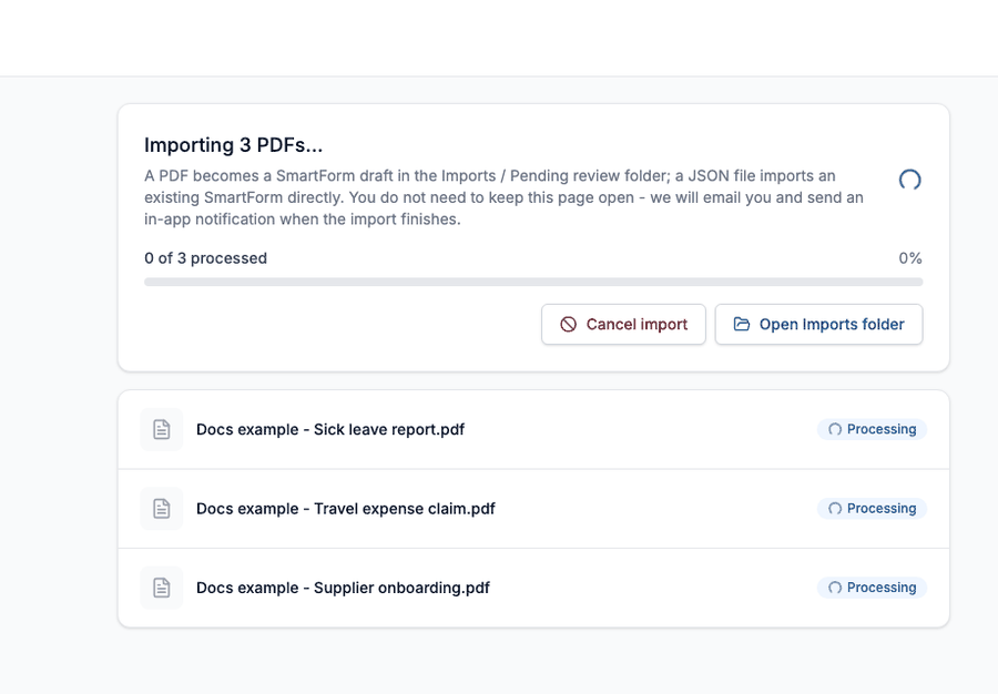 A short recording of the Import files page. Three PDFs change from Processing to Completed one by one, the progress bar fills, and the title changes to All 3 PDFs imported.