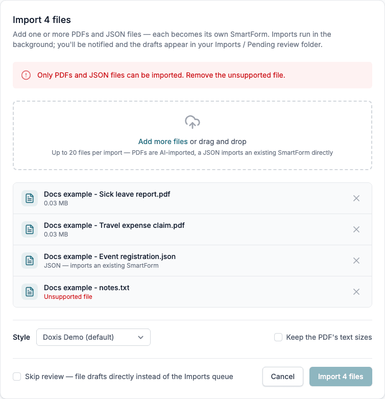 The Import Smartform page with a red message that says only PDFs and JSON files can be imported, and a file marked Unsupported file.