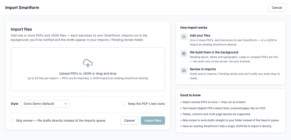 A short recording. The Import Smartform page is empty, three PDF files are added, and the import starts. The page then says 3 files queued.