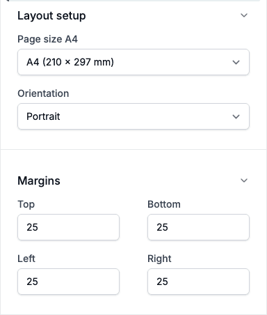 The Layout setup and Margins sections of the PDF tab with A4, Portrait and all four margins set to 25.