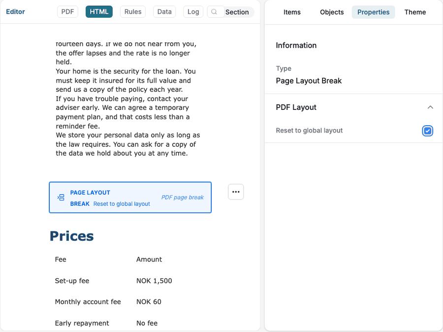 Selecting the Page Layout Break bar, clearing Reset to global layout, setting Orientation to Landscape and seeing the landscape page in the PDF view.