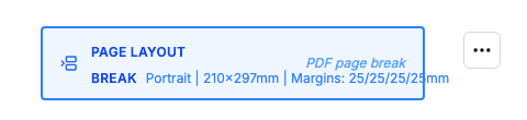 The Page Layout Break bar in the HTML view, with Portrait, 210 by 297 mm and margins of 25 mm.