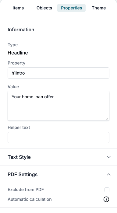 The Properties tab of a headline element with PDF Settings open: Exclude from PDF and a locked Automatic calculation.