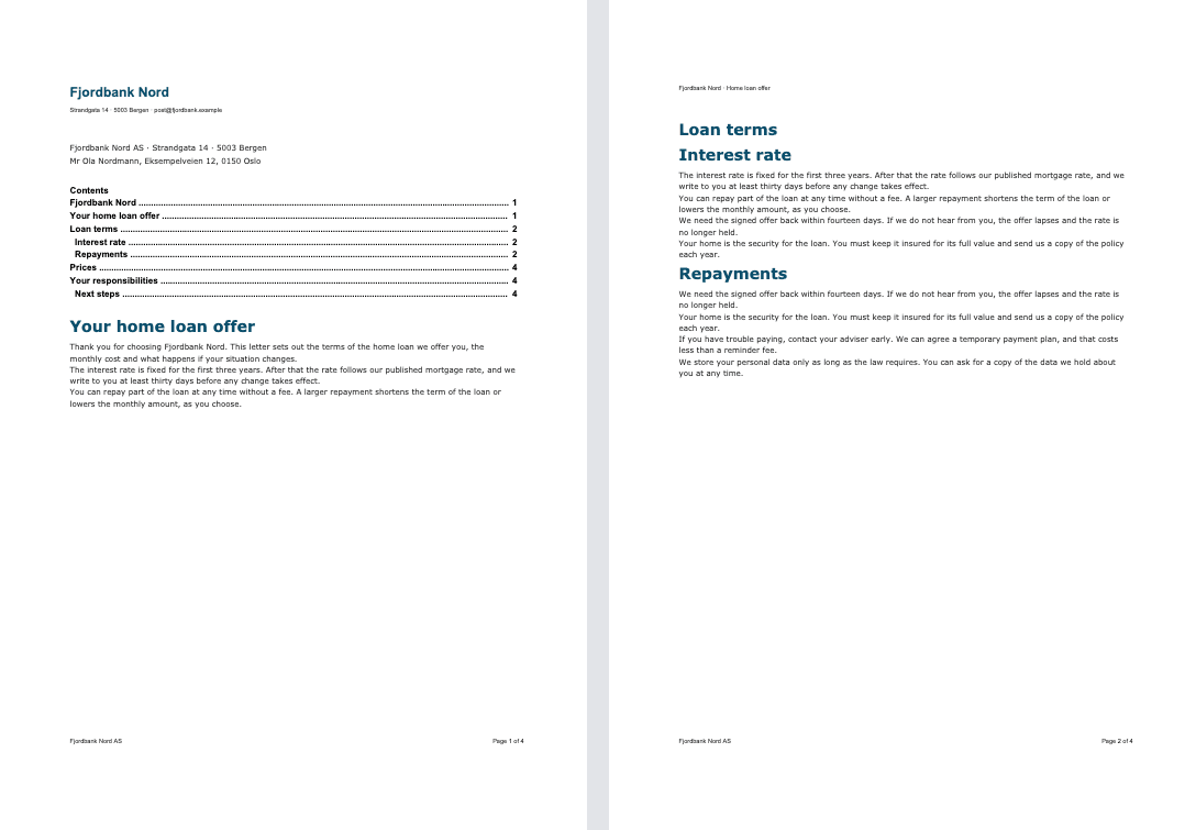 Two pages side by side. Page 1 holds the introduction and page 2 starts with the next section, Loan terms.