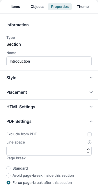 The Properties tab of the section Introduction with PDF Settings open: Exclude from PDF, Line space and the Page break options Standard, Avoid page-break inside this section and Force page-break after this section.