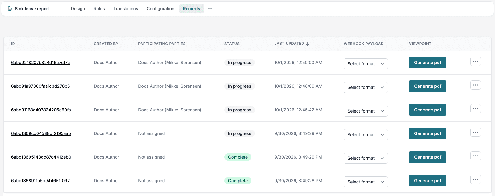 The Records tab of a Smartform. Each row has a Generate pdf button in the ViewPoint column.