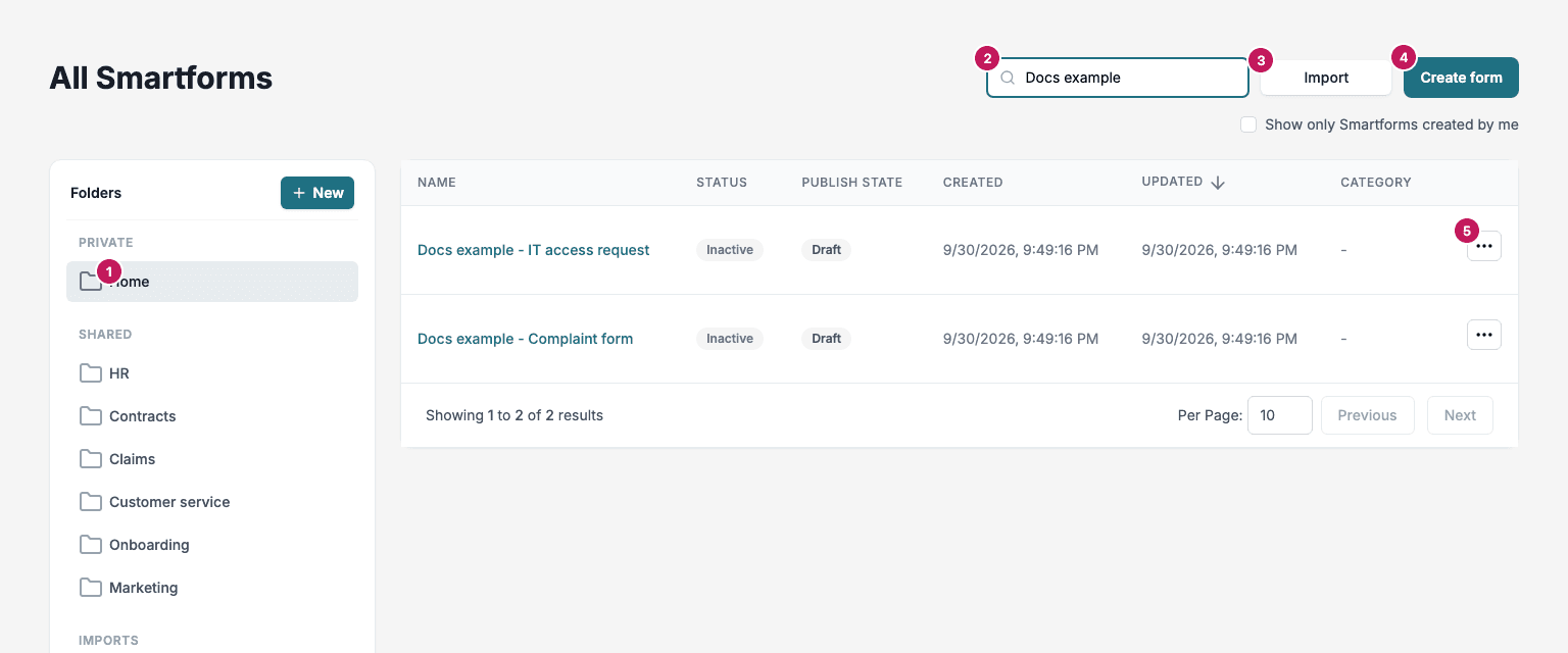 The All Smartforms page with five markers: 1 the folder list, 2 the search box, 3 the Import button, 4 the Create form button and 5 the row menu.