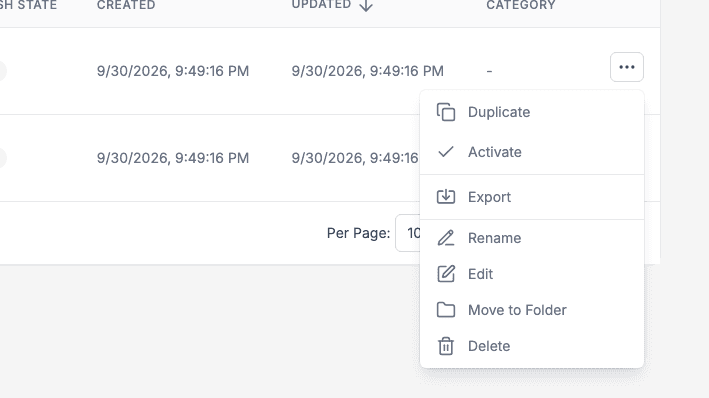 The row menu of an inactive Smartform with the actions Duplicate, Activate, Export, Rename, Edit, Move to Folder and Delete.