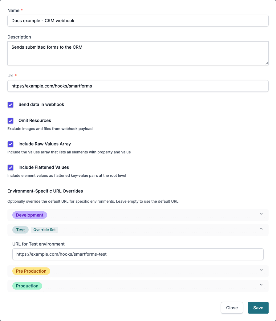 The Webhook dialog with the options, and Environment-Specific URL Overrides with the Test environment open.