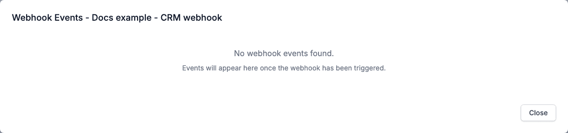 The Webhook Events dialog of a webhook that has not been triggered, with the text No webhook events found.