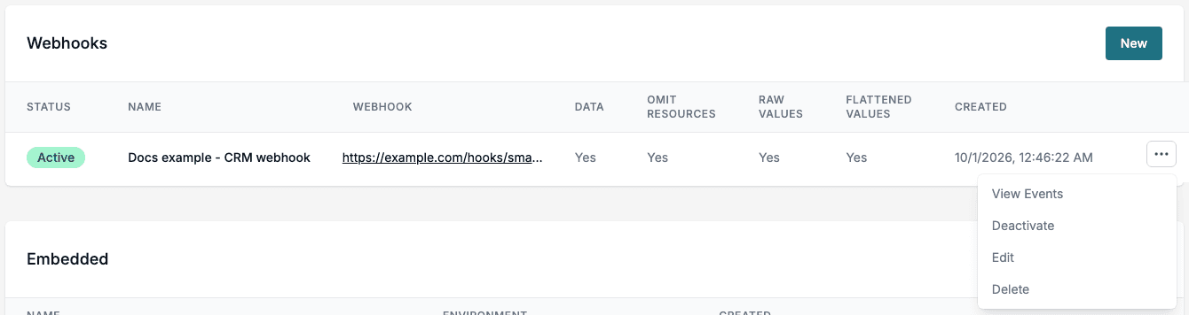 The menu of a webhook with View Events, Deactivate, Edit and Delete.