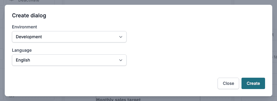 The Create dialog window with Environment and Language