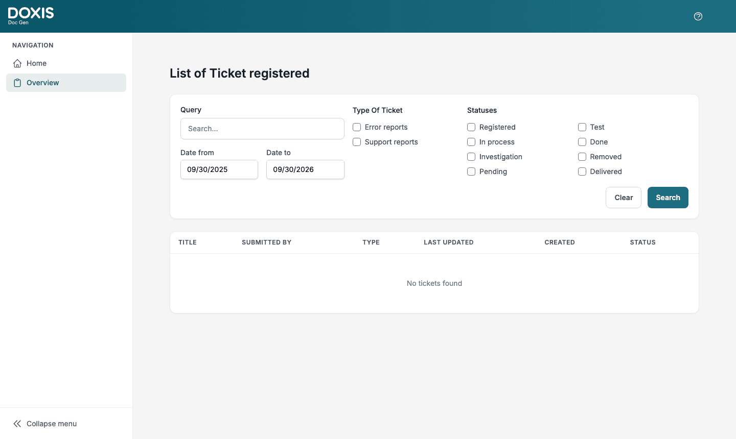 The Overview page with the filter and the ticket list