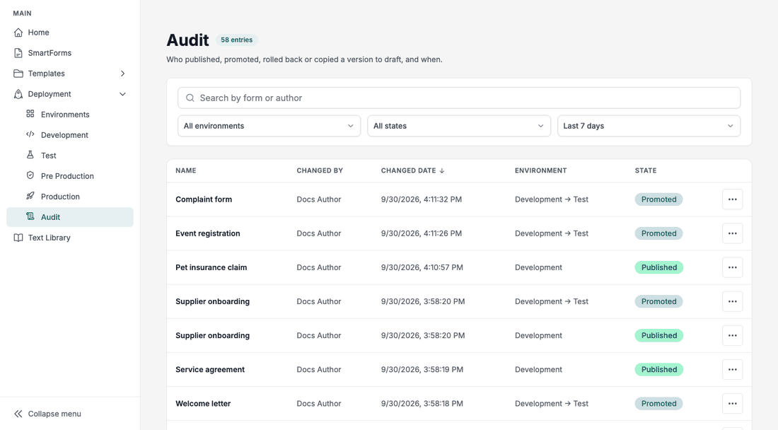 Filtering the audit log to Production.