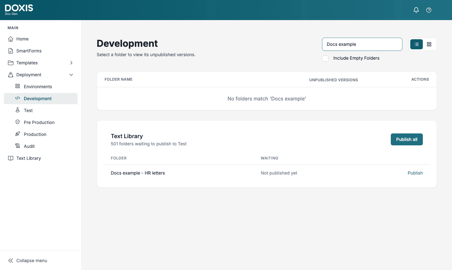 Text Library folders waiting to publish to Test
