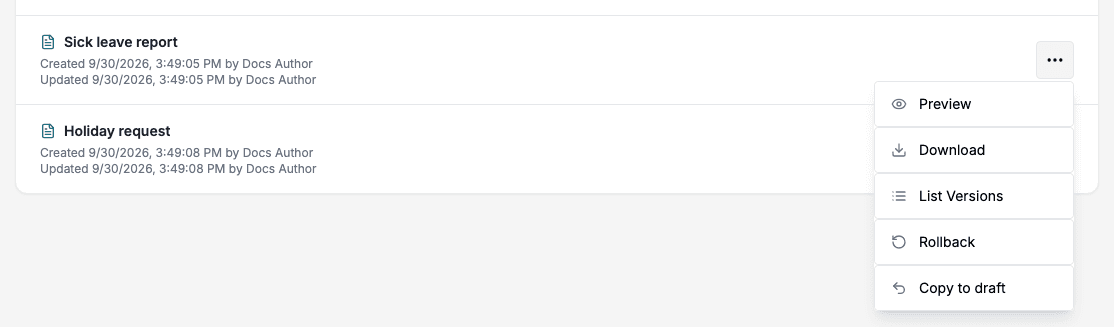 The actions menu of a Smartform row: Preview, Download, List Versions, Rollback and Copy to draft.