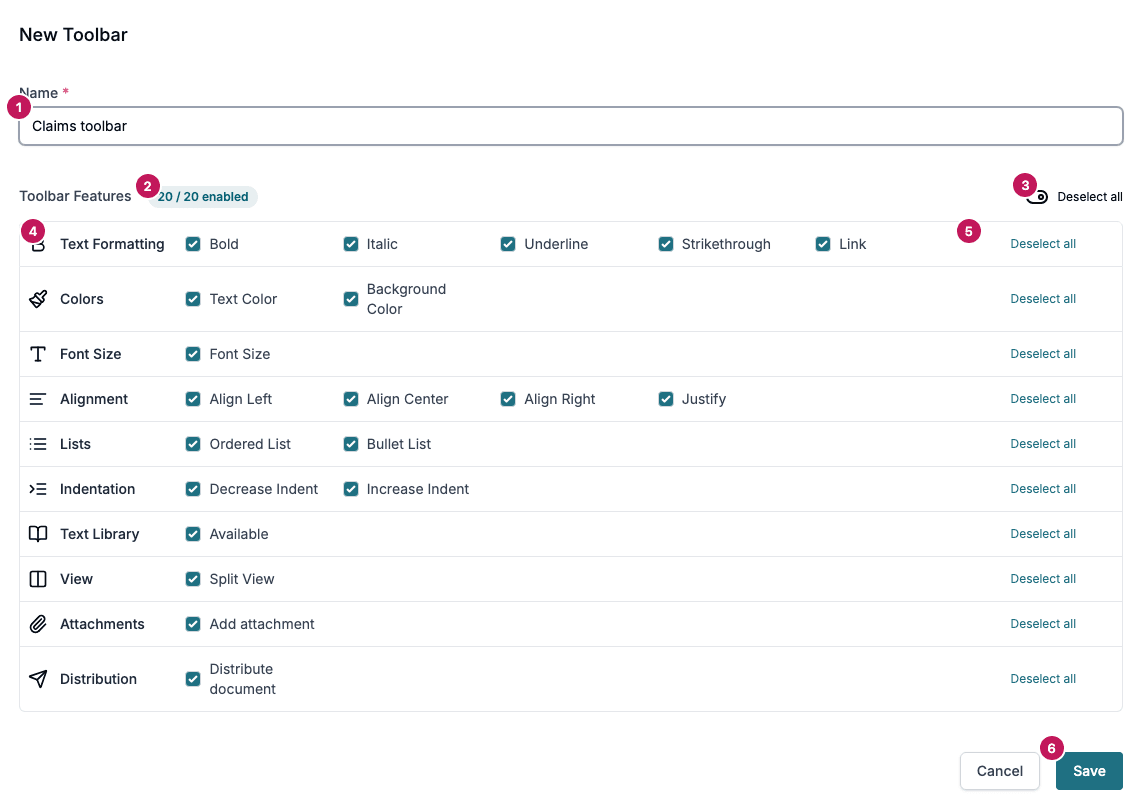 The New Toolbar dialog with six numbered parts: the Name field, the count of enabled features, the switch that selects or deselects all features, a feature group, the Deselect all button of one group, and the Save button.