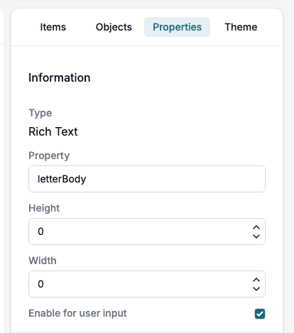 The Properties tab of a Rich Text element with Enable for user input ticked.