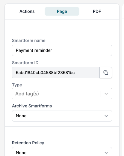The designer's Page tab of a Smartform called Payment reminder: Doc Composer is added under Type, then Letter toolbar is chosen under Toolbar. Distribution List shows Submit.