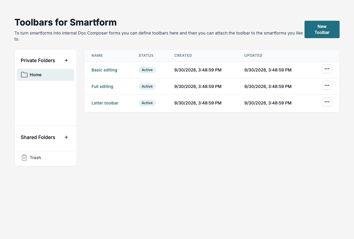 The Toolbars for Smartform screen. The Home folder lists three toolbars, Basic editing, Full editing and Letter toolbar, all with the status Active.