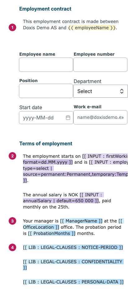 The Employment contract in the Studio designer: a form value in yellow, editable text in purple, a data table value and Text Library references in blue, numbered 1 to 4