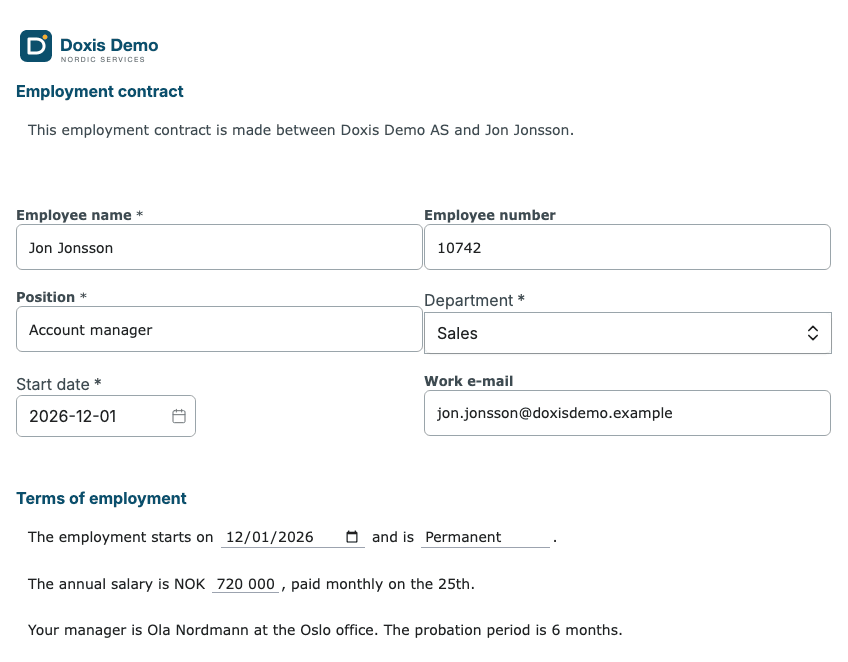 The Employment contract filled in: the introduction names Jon Jonsson, the terms show a first working day, Permanent and a salary of NOK 720 000, and the manager Ola Nordmann at the Oslo office with a probation period of 6 months