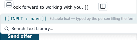 The suggestion list after typing two square brackets: the first row inserts an editable text placeholder