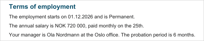 The PDF of the employment contract: the first working day printed as 01.12.2026, the employment type as Permanent and the salary as NOK 720 000