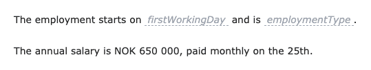 Preview of the draft: the first working day and the employment type show their names, the salary shows its default NOK 650 000