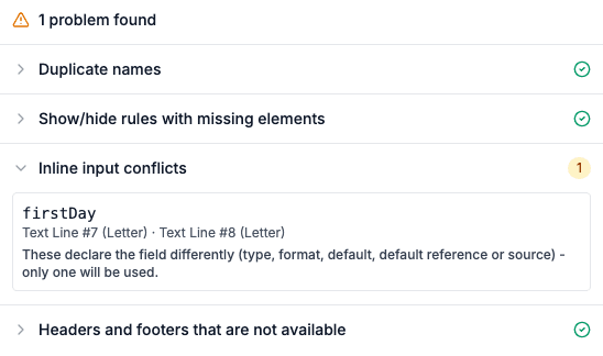 Warnings tab of an offer letter with one inline input conflict: firstDay is a date in one text line and plain text in another, so only one will be used
