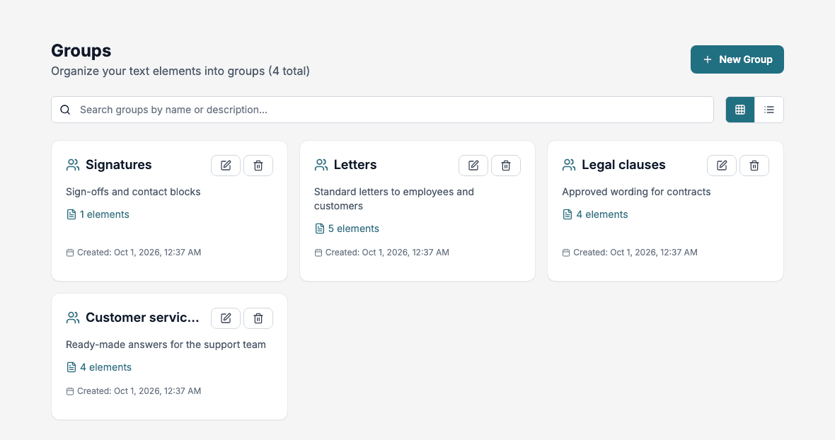 The Groups page with four groups