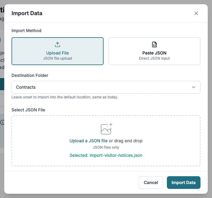The Import Data dialog with a file and a folder chosen