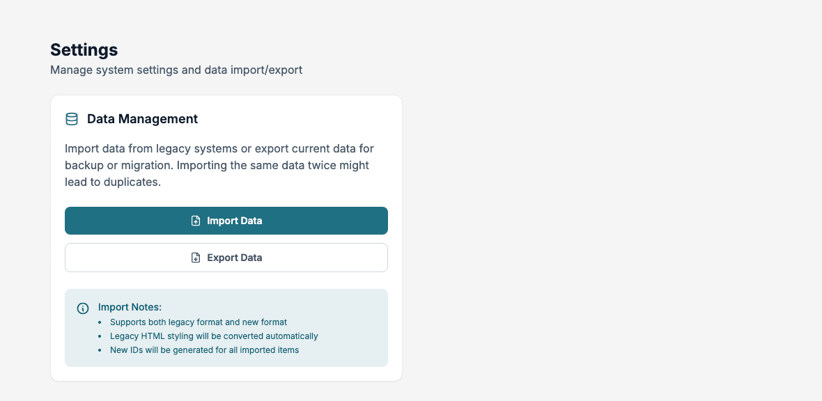 The Settings page with Import Data and Export Data