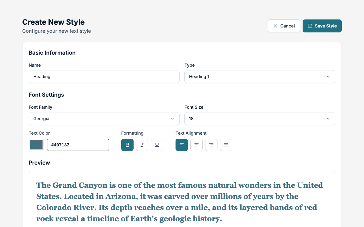 The Create New Style page with a live preview