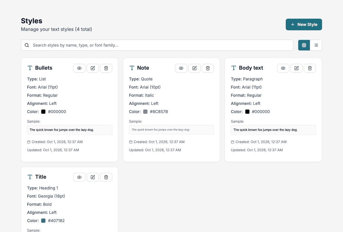 The Styles page with four styles