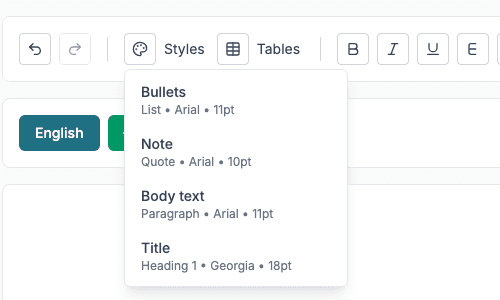 The Styles menu in the editor