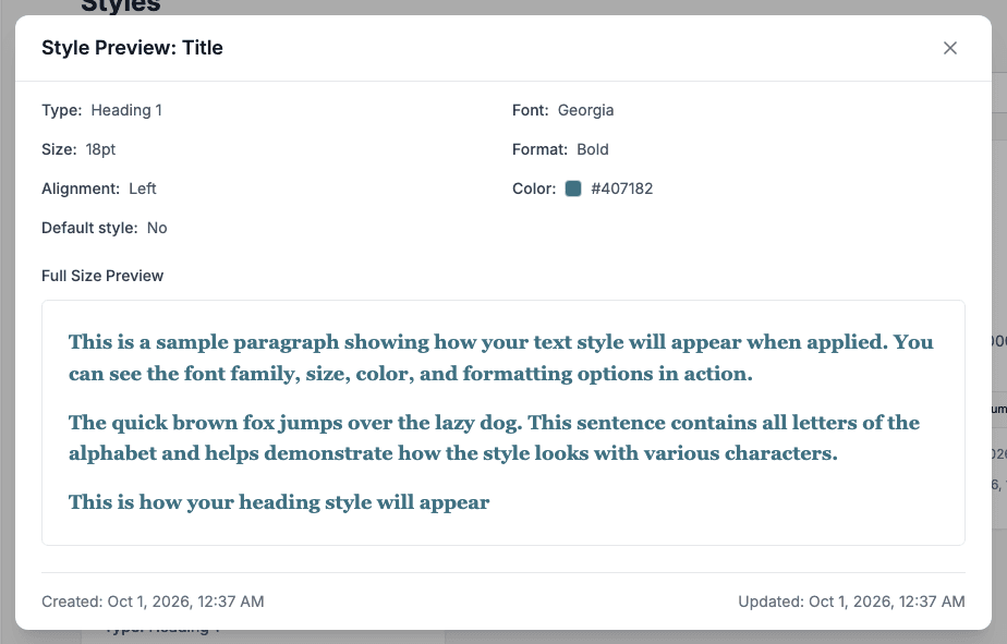 The Style Preview dialog