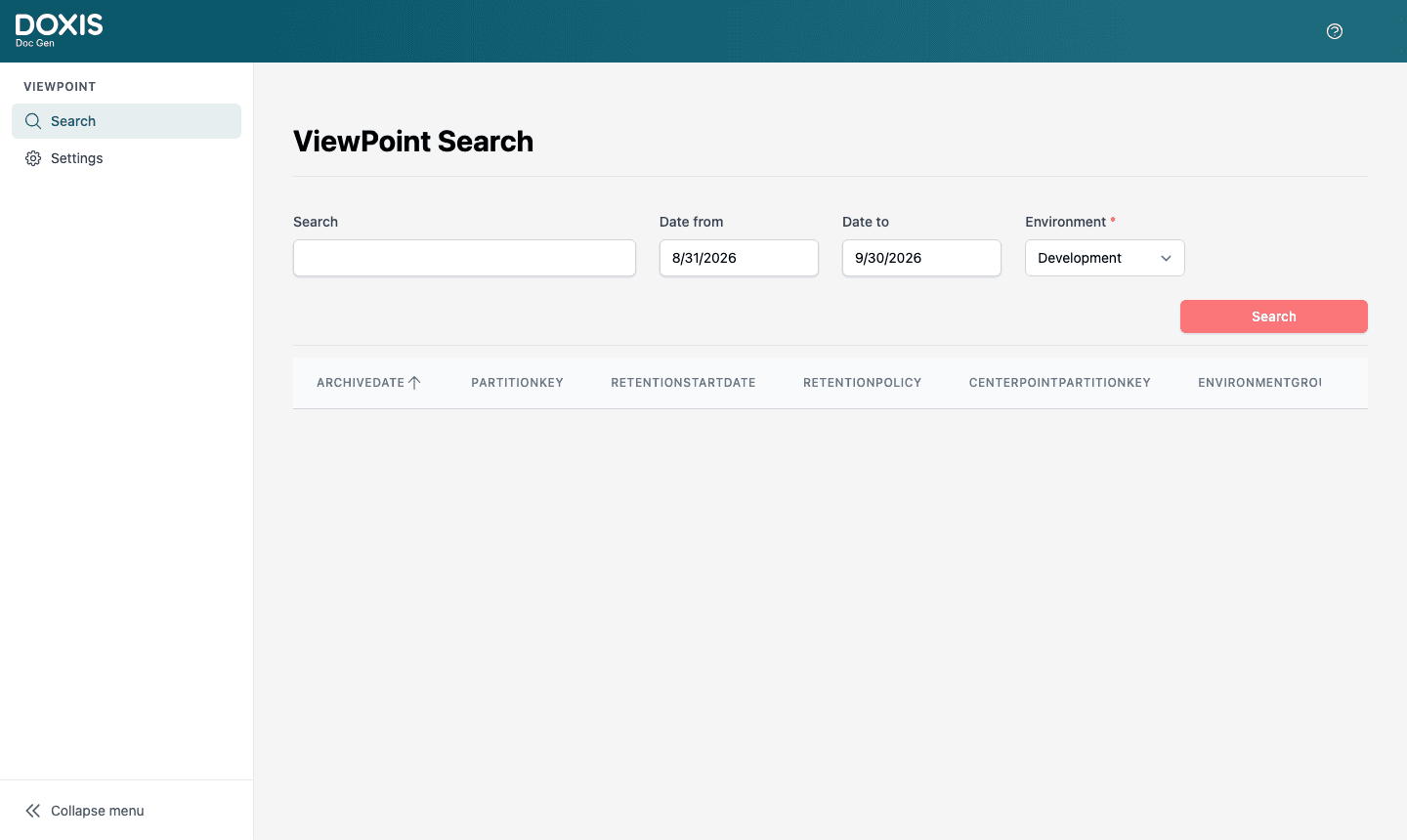 The Viewpoint Search screen with the search fields and the hit list columns