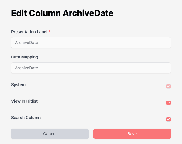 Edit Column page for a system column