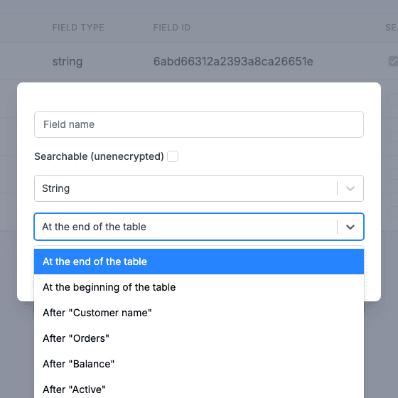 New table field dialog