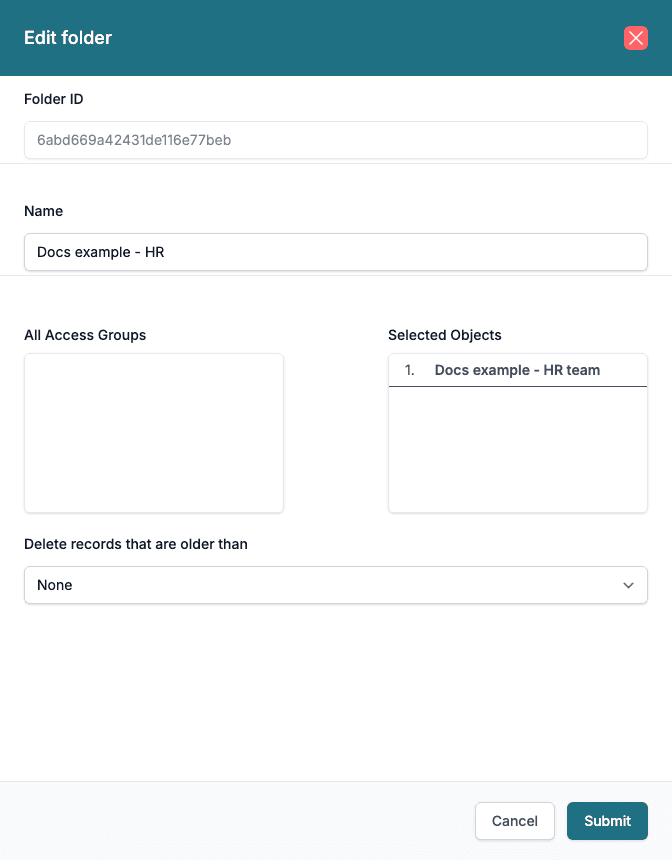 The Edit folder panel with one access group selected