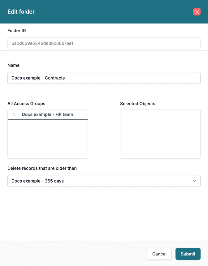 The Edit folder panel with a retention policy