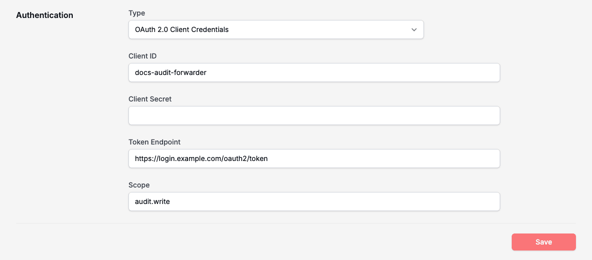 The authentication settings with OAuth 2.0 Client Credentials