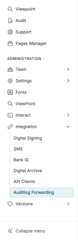 The Administration menu with Auditlog Forwarding selected