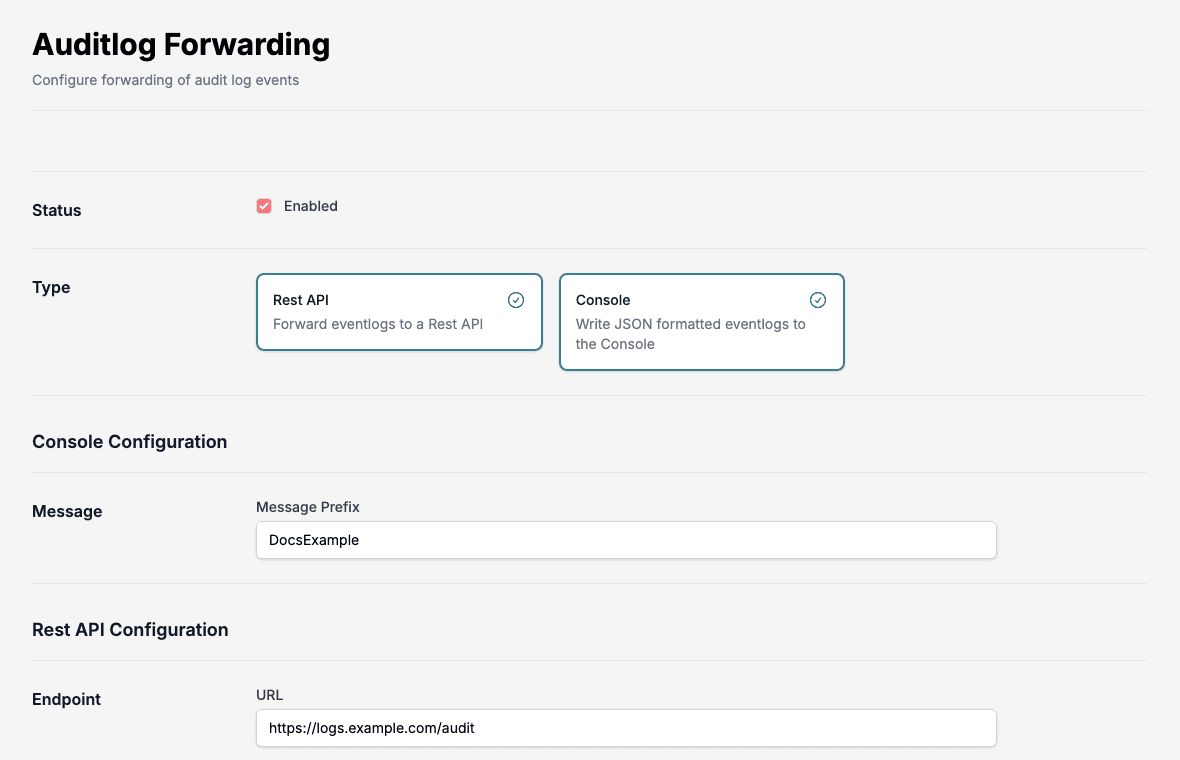 The Auditlog Forwarding settings