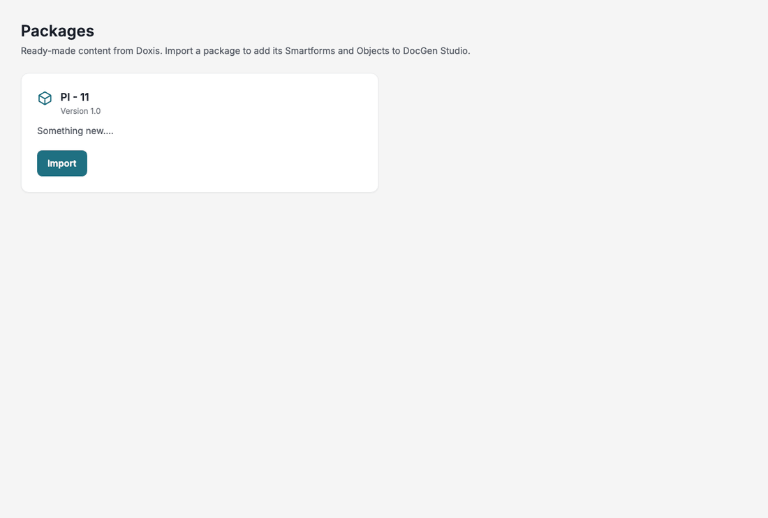 Installing a Doxis Package: Import on the card opens a dialog, the folder name Docs examples is typed in Folder, and Import confirms. The page then says the Doxis Package was imported into Docs examples.
