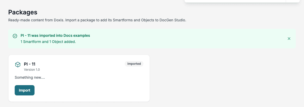 After installing: a green message says the Doxis Package was imported into Docs examples and that 1 Smartform and 1 Object were added. The card shows the Imported badge.