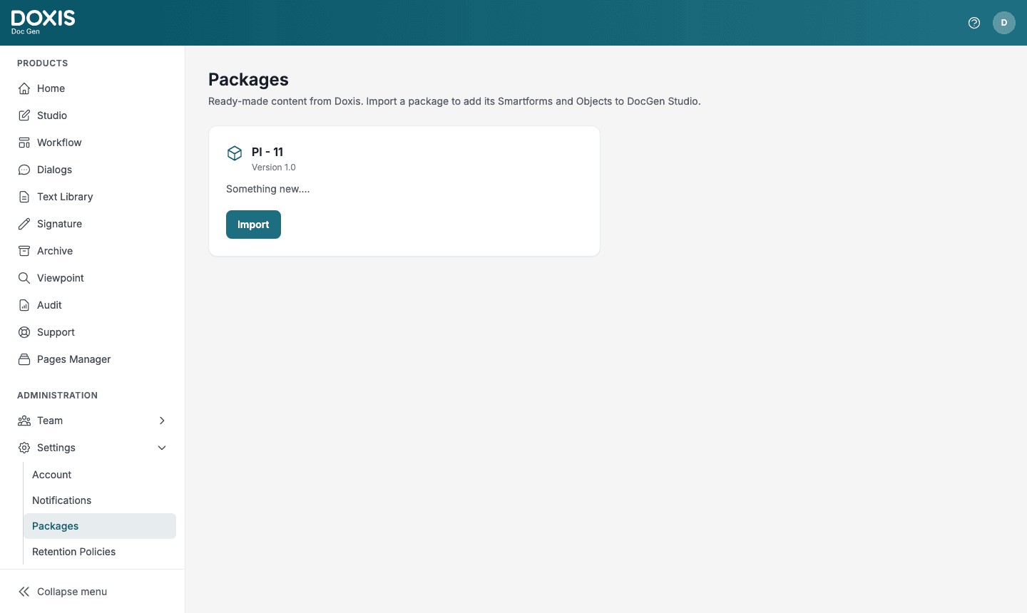 The Packages page under Settings in Administration, with one Doxis Package card showing its name, Version 1.0, a description and the Import button.